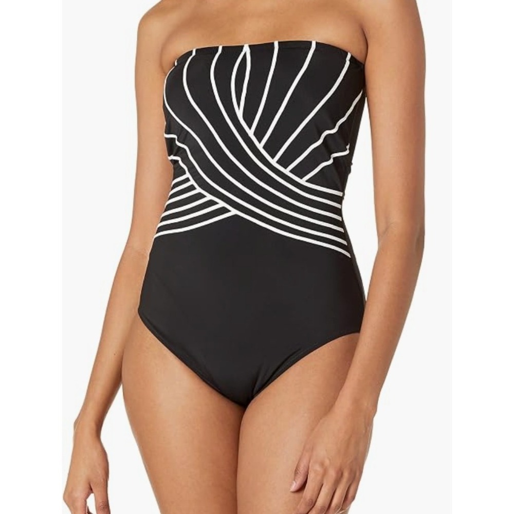Gottex One Piece Swimsuit Size 12 Black White Bandeau Chic Retro